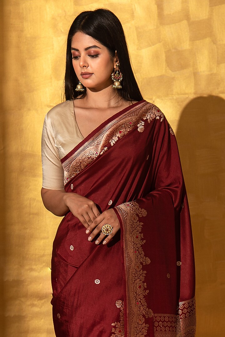 Maroon Handloom Meenakari Mashru Satin Banarasi Wedding Saree by Sacred Weaves at Pernia's Pop Up Shop