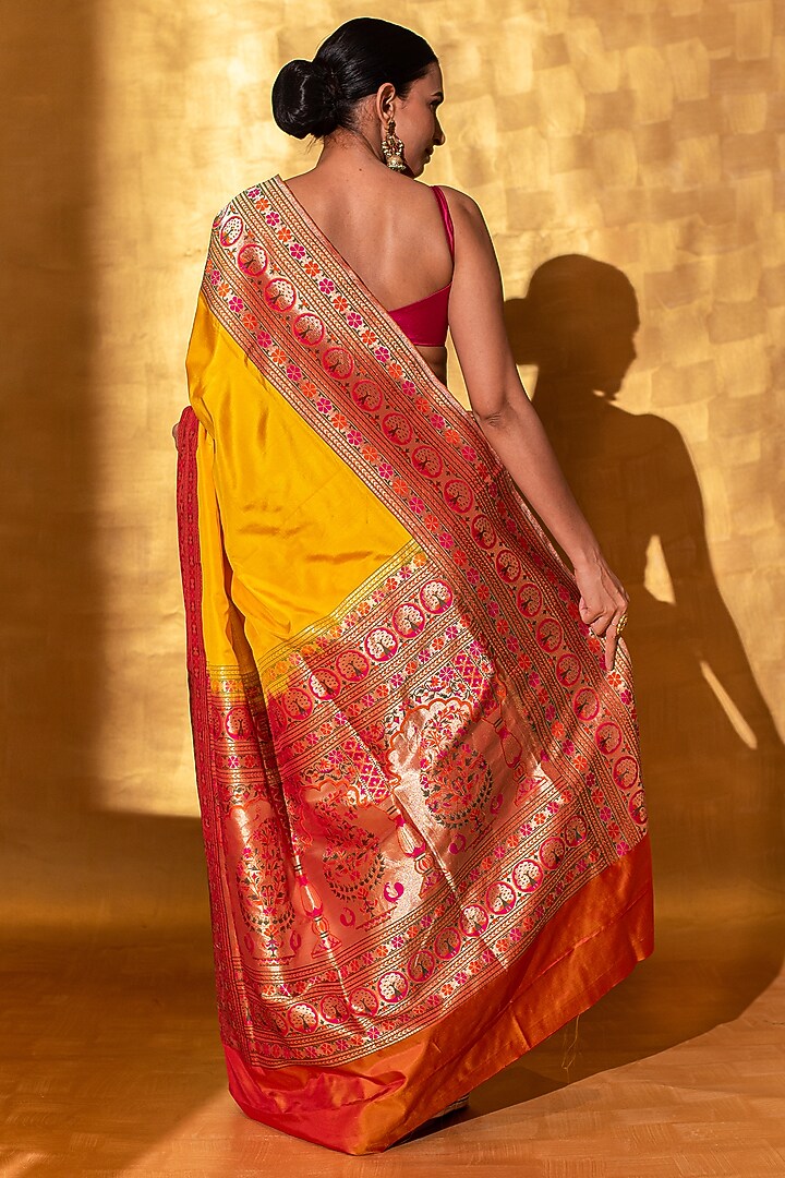 Yellow Handloom Paithani Katan Silk Banarasi Wedding Saree by Sacred Weaves at Pernia's Pop Up Shop