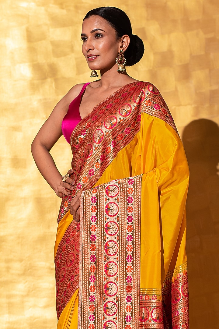 Yellow Handloom Paithani Katan Silk Banarasi Wedding Saree by Sacred Weaves at Pernia's Pop Up Shop