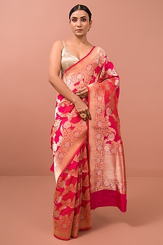 Pink-Orange Handloom Meenakari Mashru Satin Banarasi Saree by Sacred Weaves