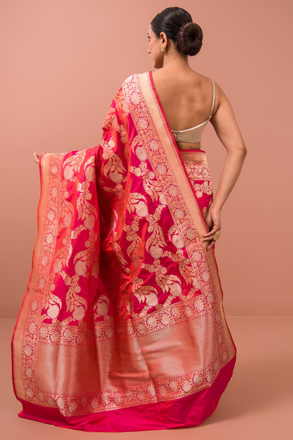 Orange Traditional Banarasi handloom Saree Silk with Purple Wide Borders  and Blue Pallu | Banarasi Silk Saree | Kaash Collection