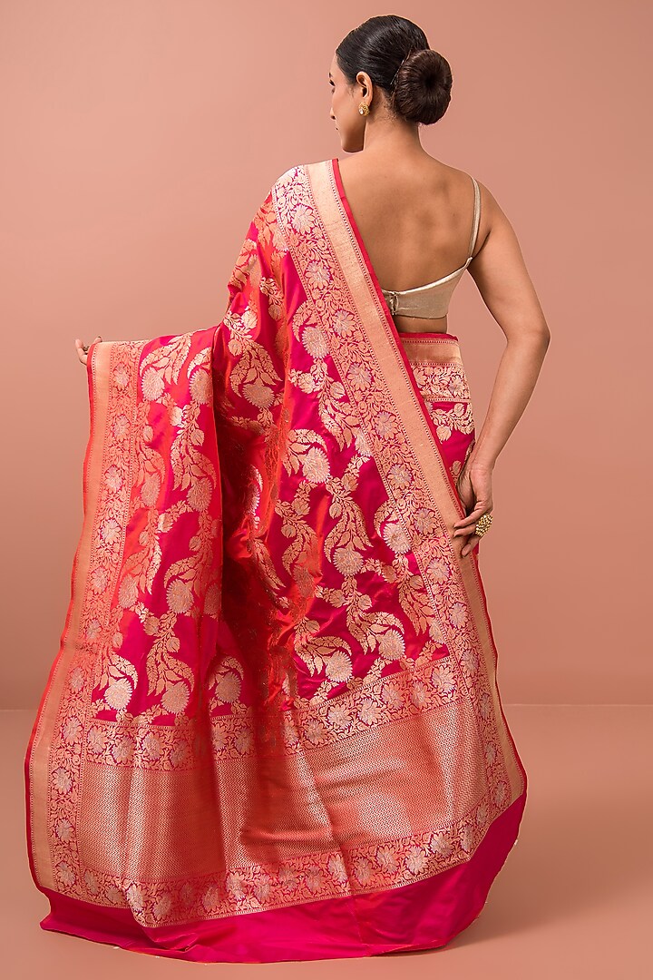Pink-Orange Handloom Meenakari Mashru Satin Banarasi Reception Saree by Sacred Weaves at Pernia's Pop Up Shop