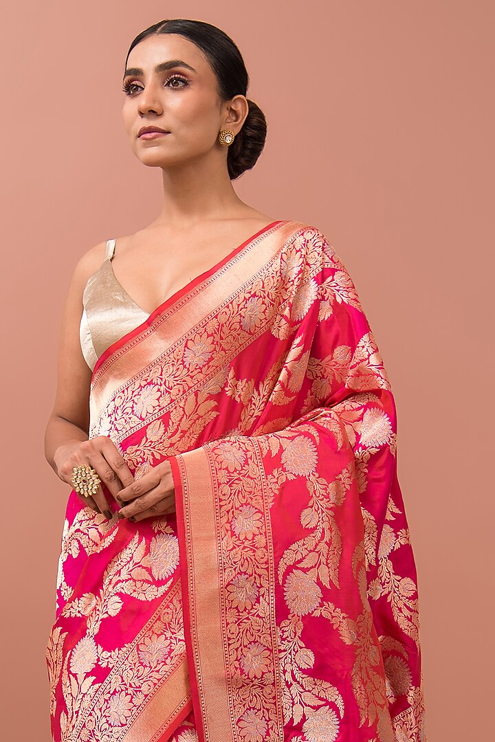 Pink-Orange Handloom Meenakari Mashru Satin Banarasi Reception Saree by Sacred Weaves at Pernia's Pop Up Shop