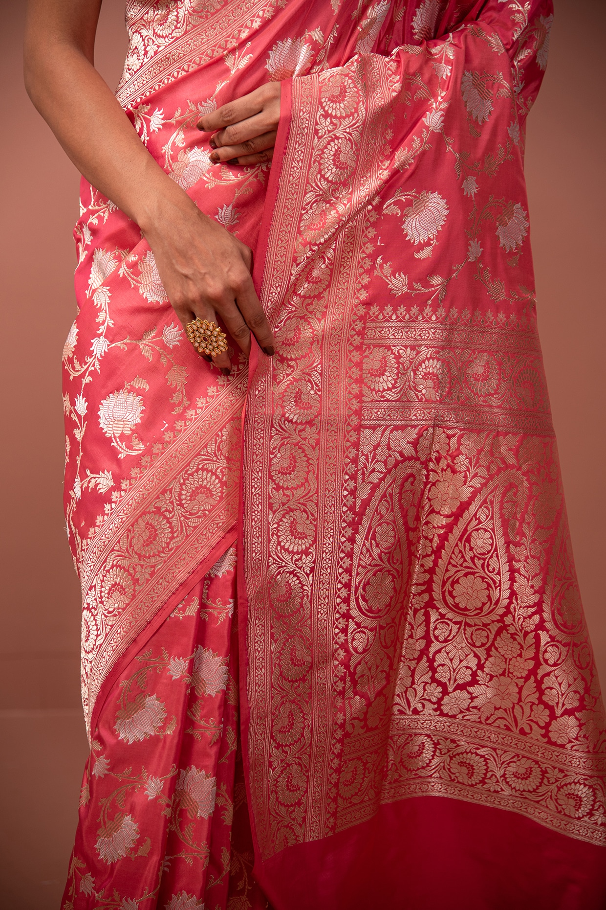 Blush Pink Embroidered Banarasi Silk Saree - Urban Womania