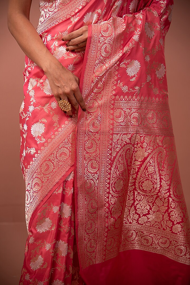 Pink-Orange Handloom Floral Jaal Katan Silk Banarasi Reception Saree by Sacred Weaves at Pernia's Pop Up Shop
