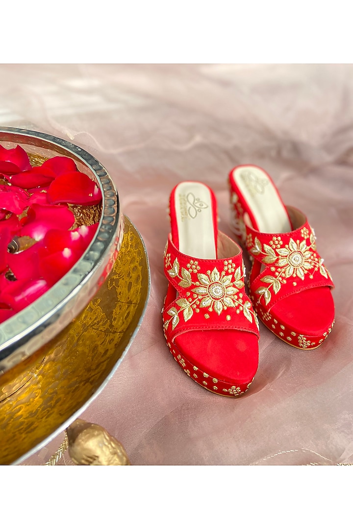 Red Satin Hand Embroidered Wedges by Schon Zapato at Pernia's Pop Up Shop