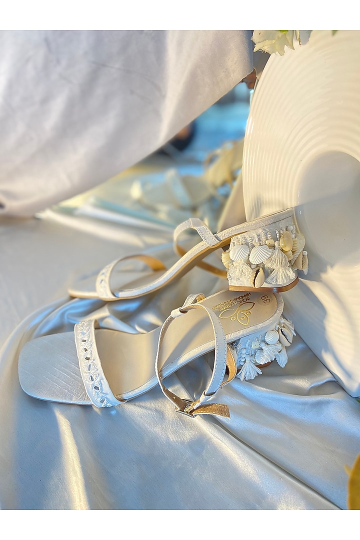 White Satin Mirror Embroidered Heels by Schon Zapato at Pernia's Pop Up Shop