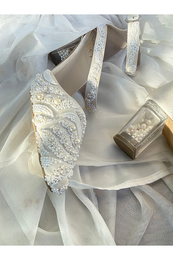 White Satin Hand Embroidered Heels by Schon Zapato at Pernia's Pop Up Shop