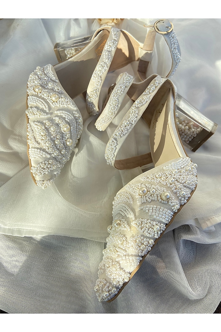 White Satin Hand Embroidered Heels by Schon Zapato at Pernia's Pop Up Shop