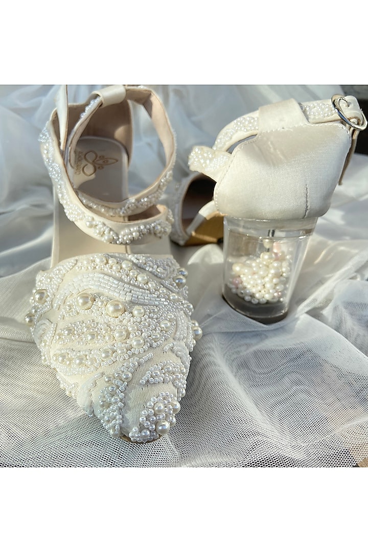 White Satin Hand Embroidered Heels by Schon Zapato at Pernia's Pop Up Shop