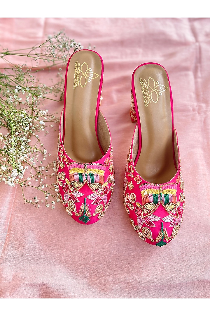 Pink Satin Zardosi Embroidered Heels by Schon Zapato at Pernia's Pop Up Shop