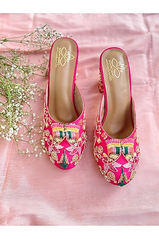 Pink Satin Zardosi Embroidered Heels by Schon Zapato