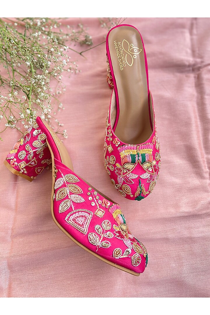 Pink Satin Zardosi Embroidered Heels by Schon Zapato at Pernia's Pop Up Shop