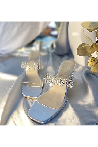 Silver Vegan Leather Stone Embellished Heels by Schon Zapato