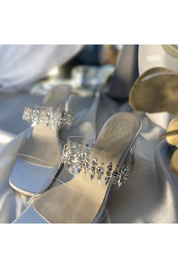 Silver Vegan Leather Stone Embellished Heels by Schon Zapato at Pernia's Pop Up Shop