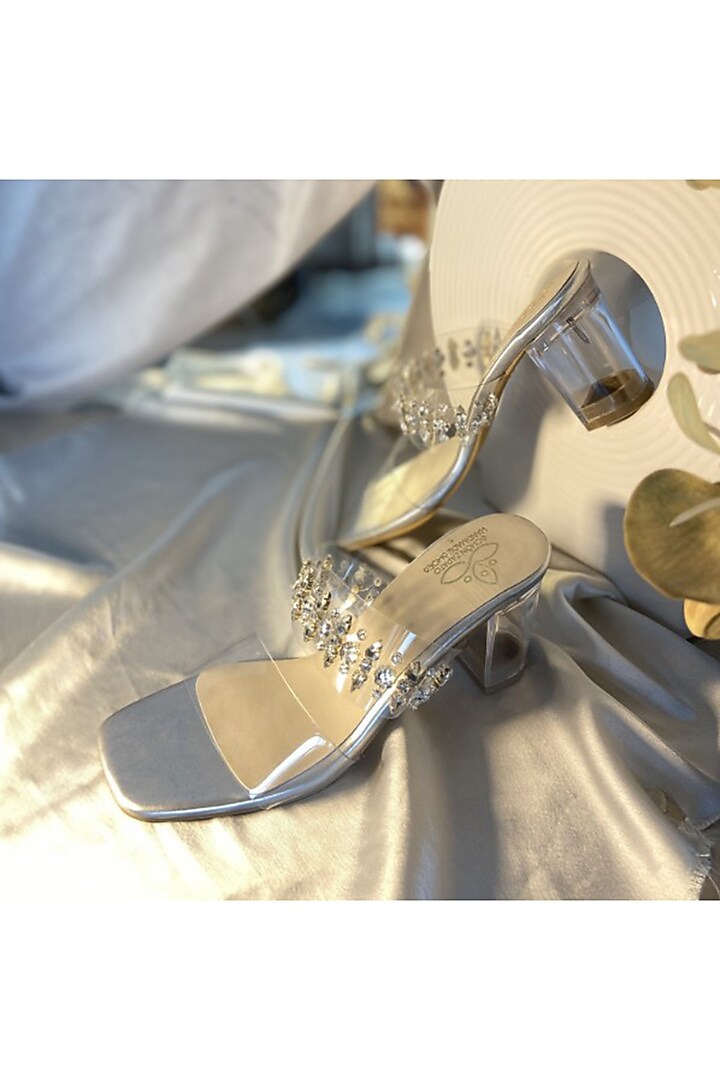 Silver Vegan Leather Stone Embellished Heels by Schon Zapato at Pernia's Pop Up Shop