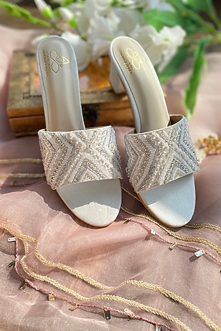 Silver Satin Cutdana Embellished Heels by Schon Zapato