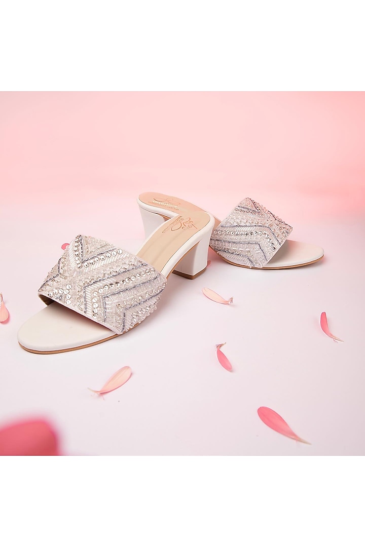 Silver Satin Cutdana Embellished Heels by Schon Zapato at Pernia's Pop Up Shop