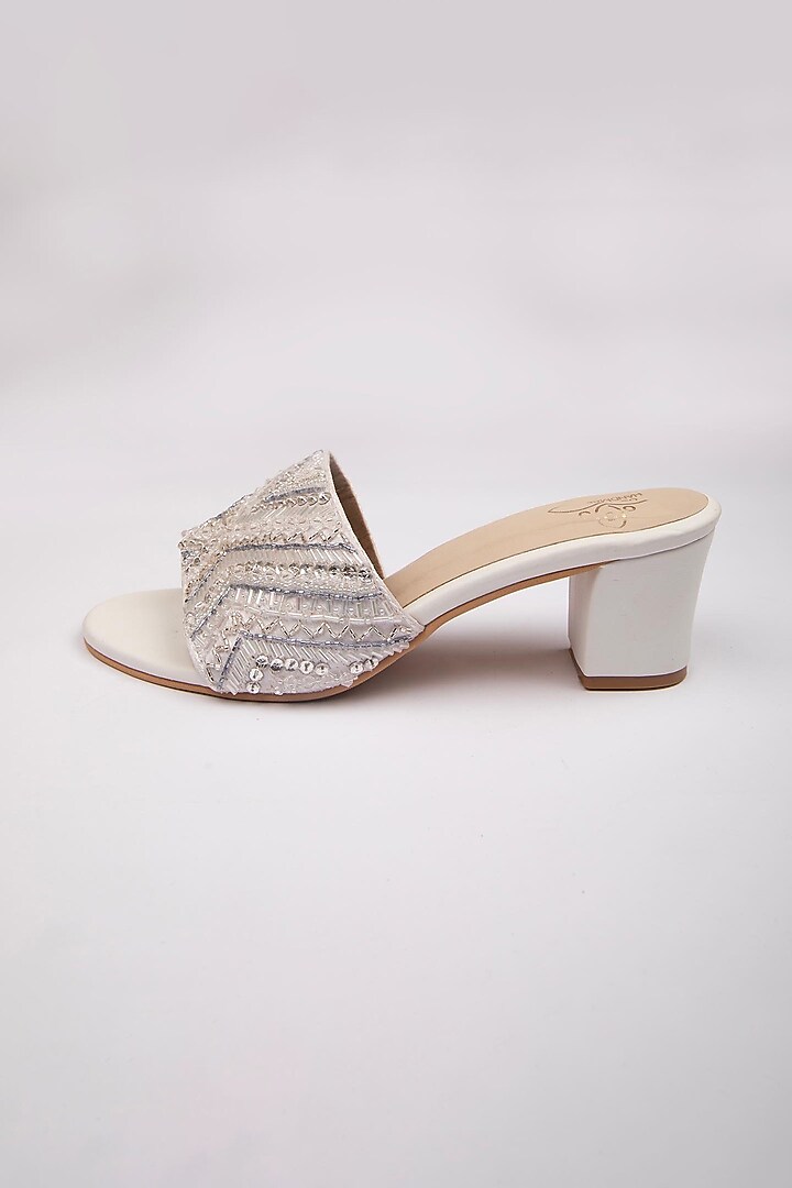 Silver Satin Cutdana Embellished Heels by Schon Zapato at Pernia's Pop Up Shop