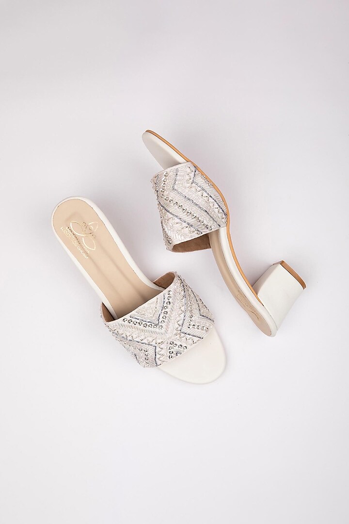 Silver Satin Cutdana Embellished Heels by Schon Zapato at Pernia's Pop Up Shop