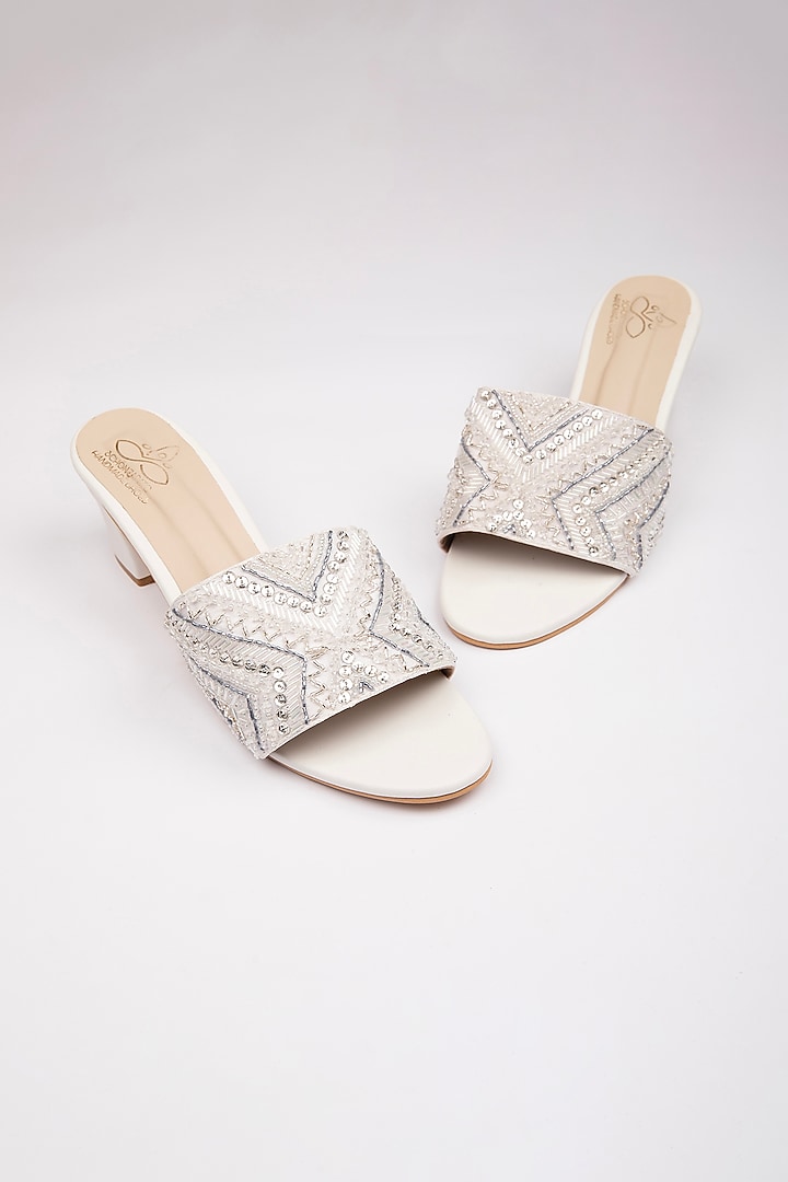 Silver Satin Cutdana Embellished Heels by Schon Zapato at Pernia's Pop Up Shop