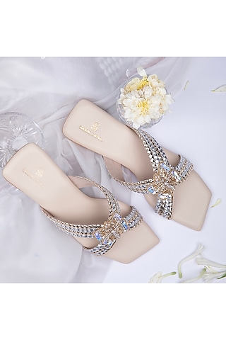 Silver Vegan Leather Lace Hand Embroidered Flats by Schon Zapato