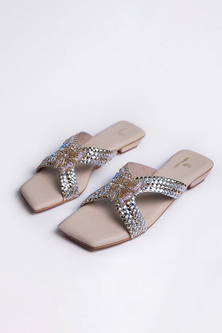 Silver Vegan Leather Lace Hand Embroidered Flats by Schon Zapato at Pernia's Pop Up Shop