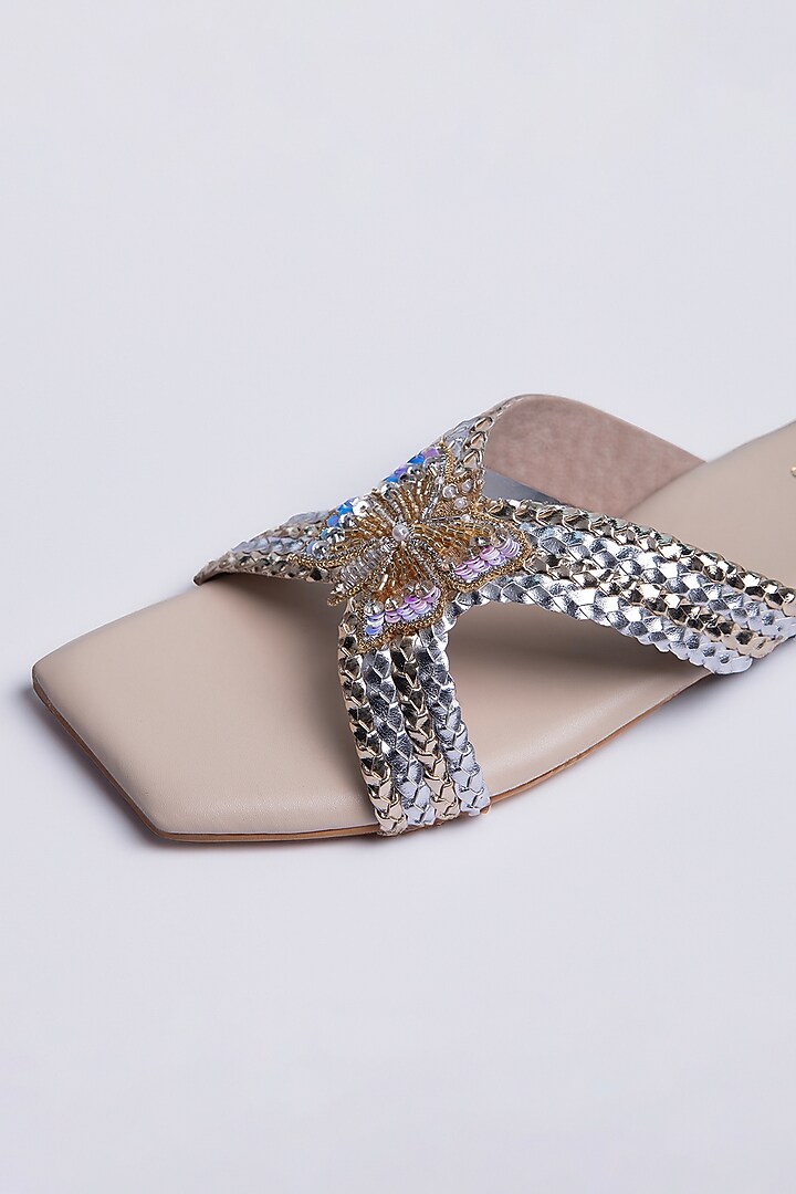 Silver Vegan Leather Lace Hand Embroidered Flats by Schon Zapato at Pernia's Pop Up Shop