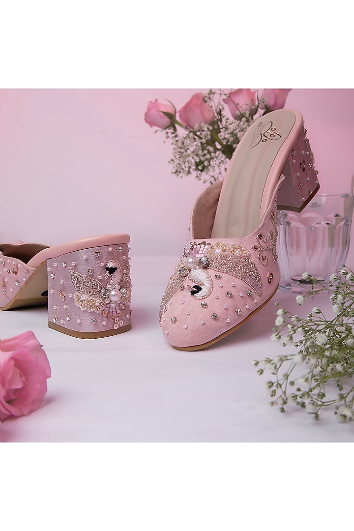Baby Pink Satin Hand Embroidered Heels by Schon Zapato