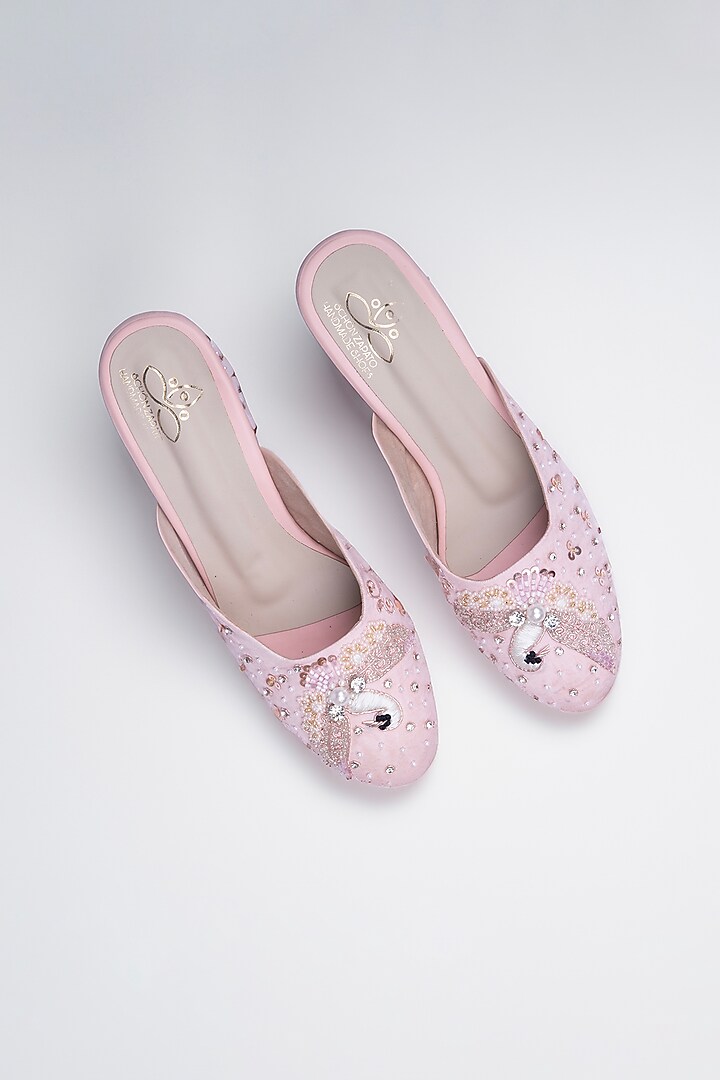 Baby Pink Satin Hand Embroidered Heels by Schon Zapato at Pernia's Pop Up Shop