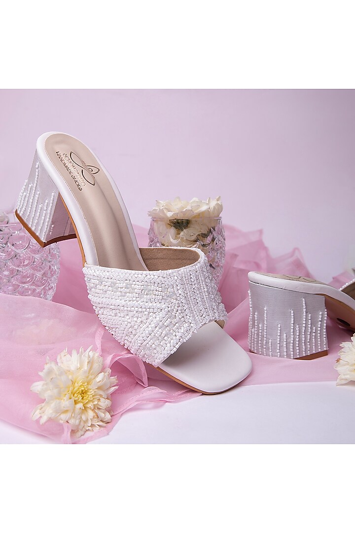 White Satin Moti Embellished Heels by Schon Zapato