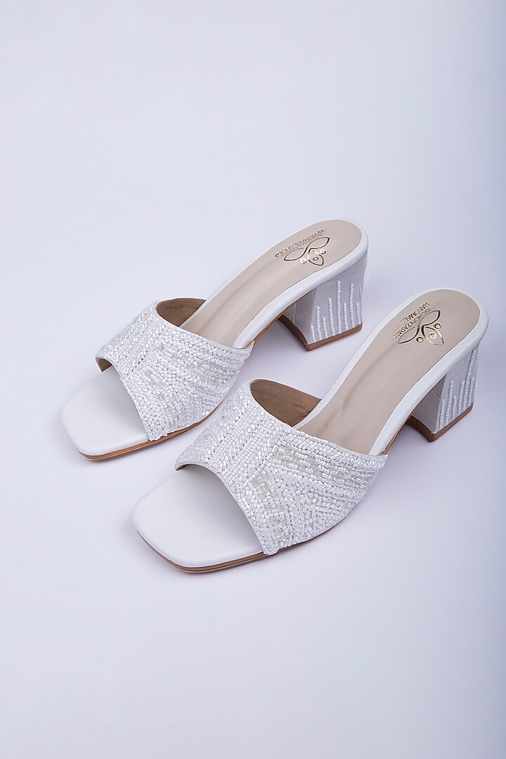 White Satin Moti Embellished Heels by Schon Zapato at Pernia's Pop Up Shop