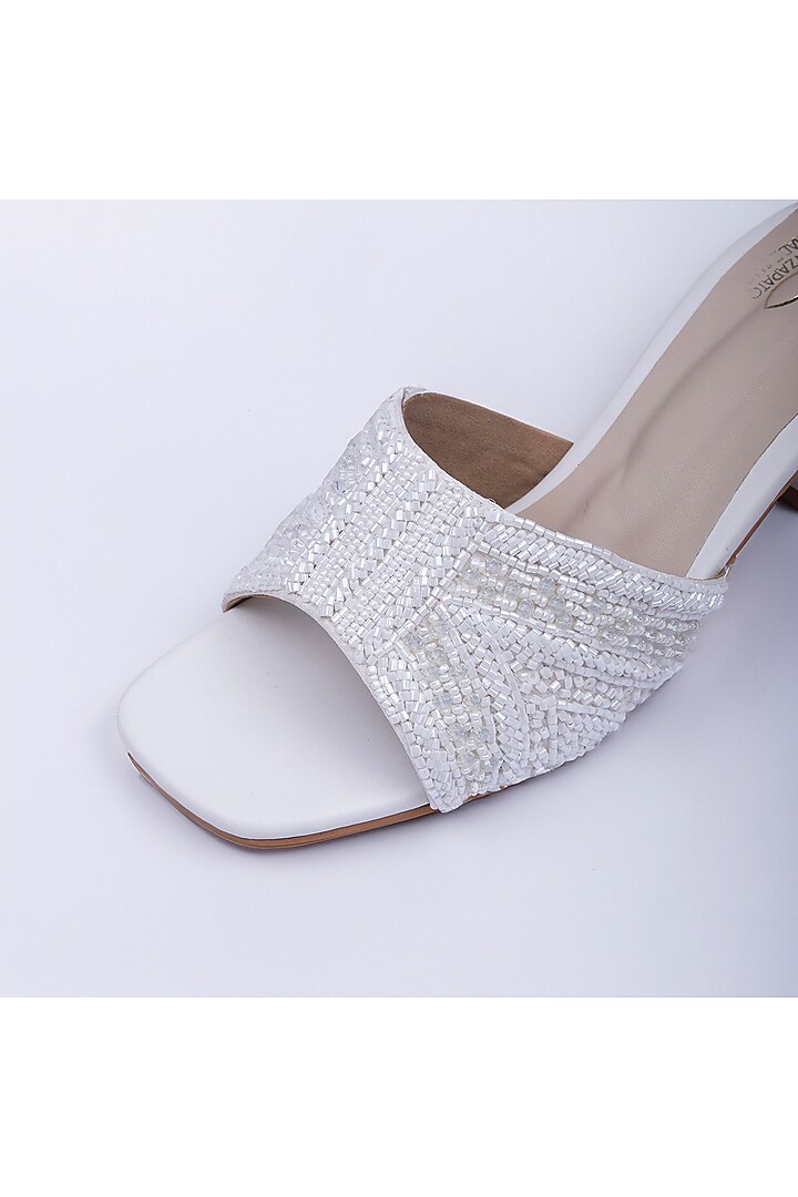 White Satin Moti Embellished Heels by Schon Zapato at Pernia's Pop Up Shop