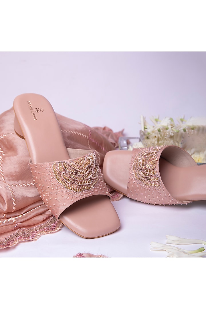 Baby Pink Satin Moti Embellished Heels by Schon Zapato