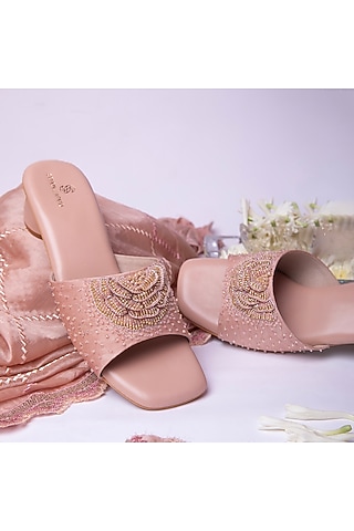 Baby Pink Satin Moti Embellished Heels by Schon Zapato
