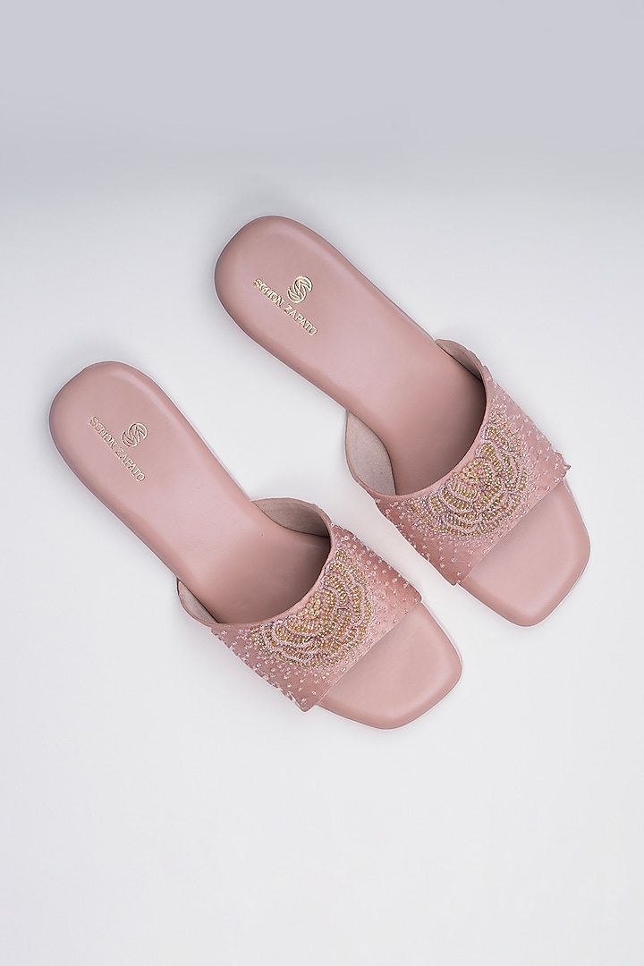 Baby Pink Satin Moti Embellished Heels by Schon Zapato at Pernia's Pop Up Shop
