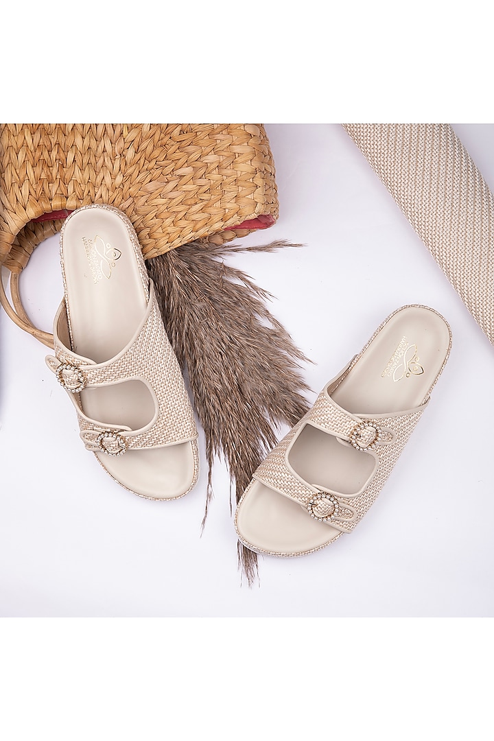 Beige Vegan Leather Flats With Pearl Buckles by Schon Zapato at Pernia's Pop Up Shop