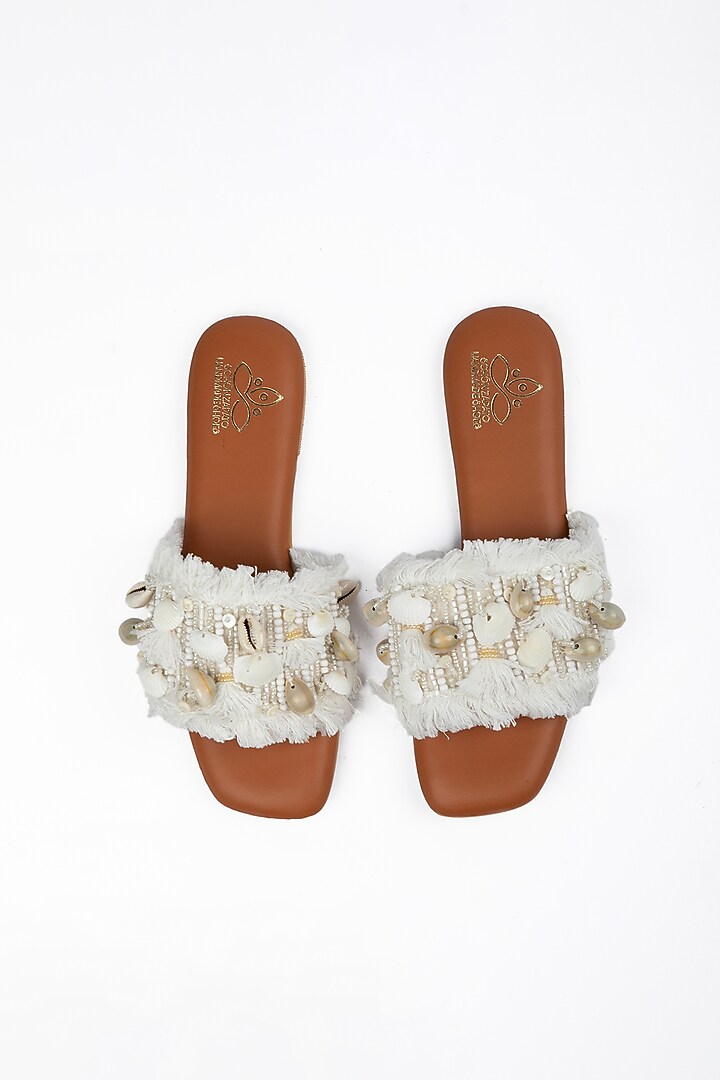 Tan Vegan Leather Shell Embellished Flats by Schon Zapato at Pernia's Pop Up Shop