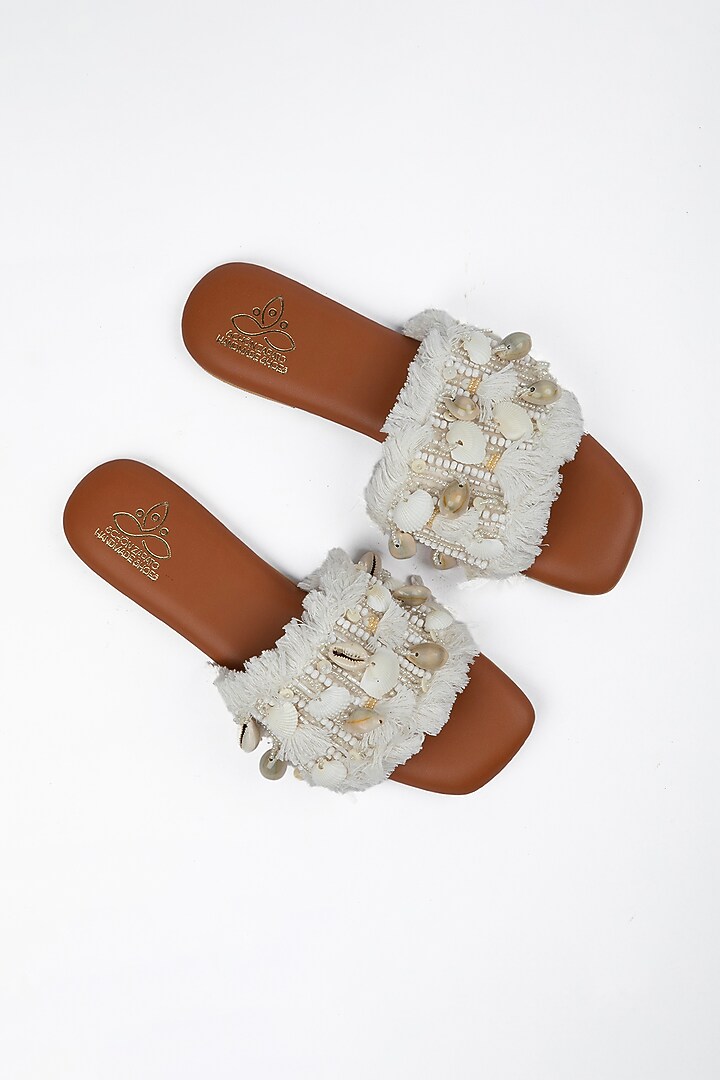 Tan Vegan Leather Shell Embellished Flats by Schon Zapato at Pernia's Pop Up Shop