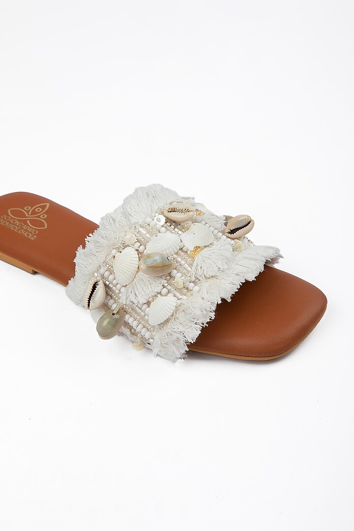 Tan Vegan Leather Shell Embellished Flats by Schon Zapato at Pernia's Pop Up Shop