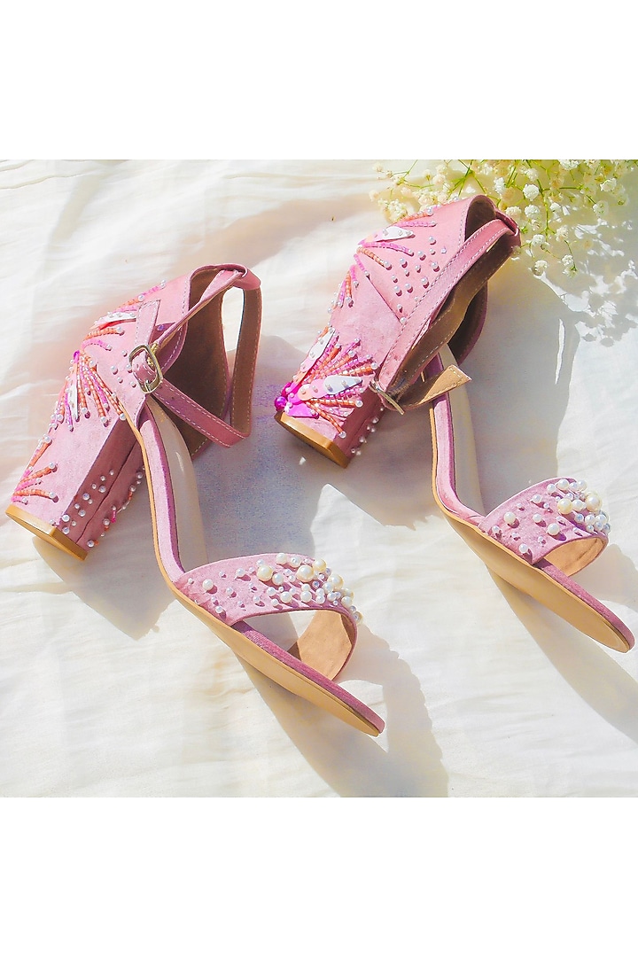 Pink Satin Pearl Embellished Heels by Schon Zapato