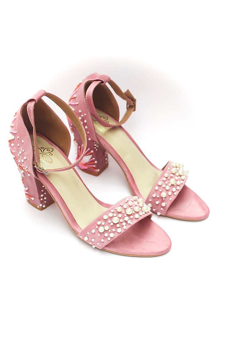 Pink Satin Pearl Embellished Heels by Schon Zapato at Pernia's Pop Up Shop