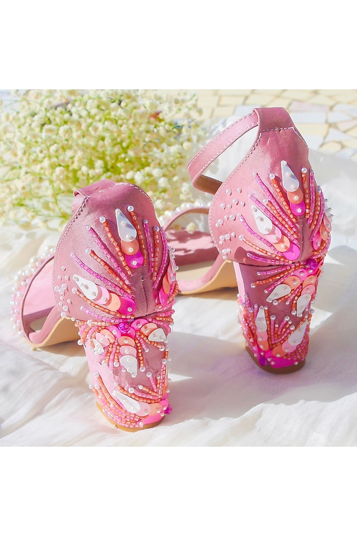 Pink Satin Pearl Embellished Heels by Schon Zapato at Pernia's Pop Up Shop