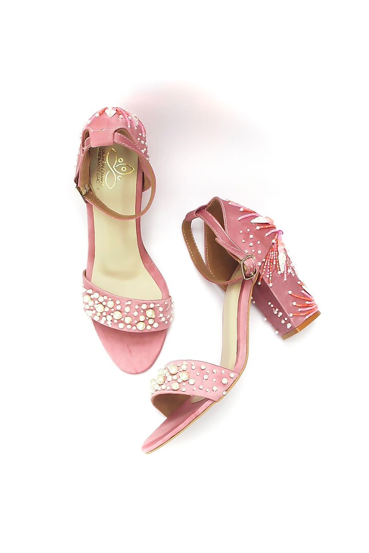 Pink Satin Pearl Embellished Heels by Schon Zapato at Pernia's Pop Up Shop