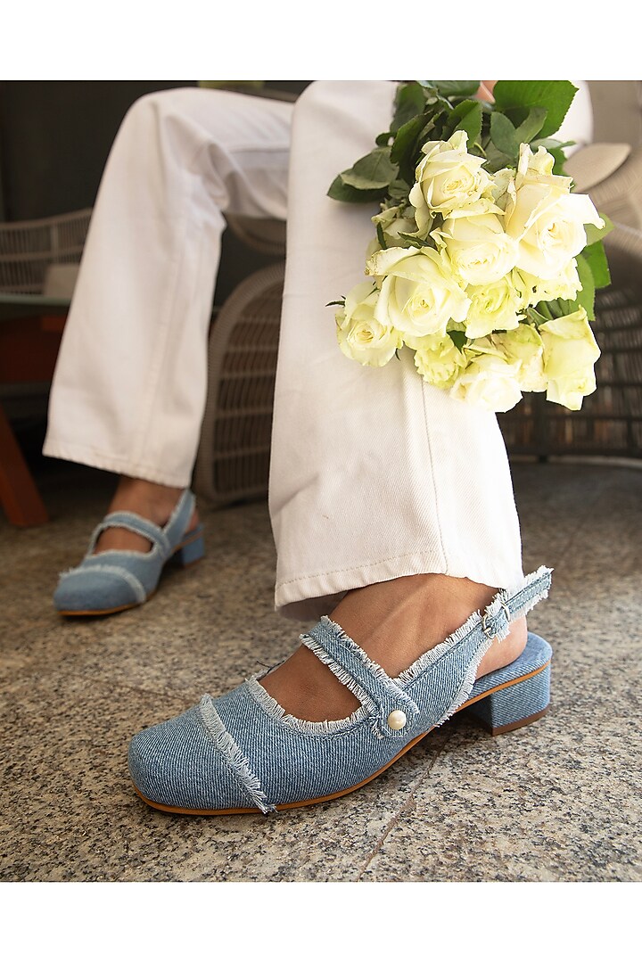 Blue Denim Mules by Schon Zapato at Pernia's Pop Up Shop