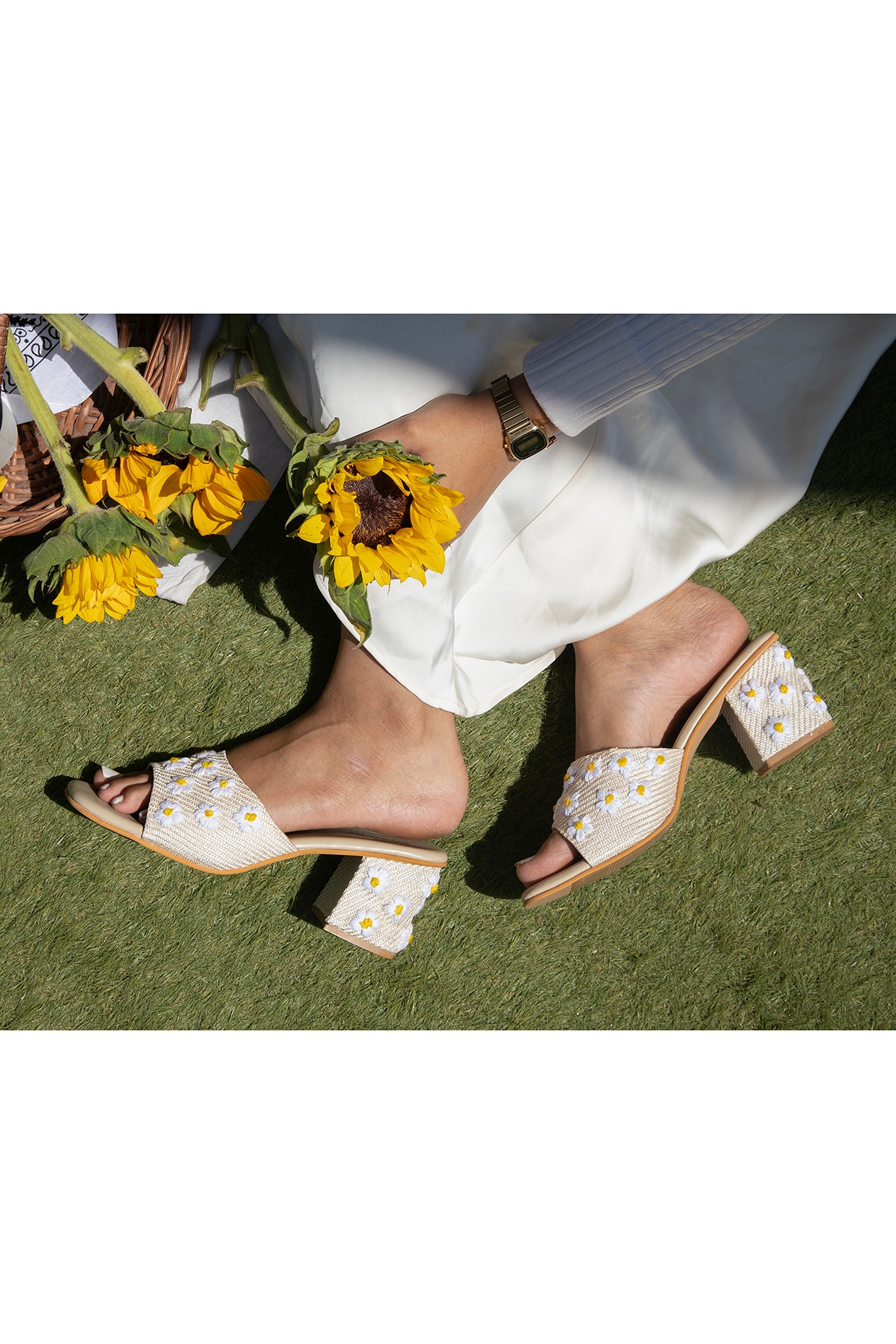 Beige Jute Hand Embroidered Slider heels by Schon Zapato at Pernia's