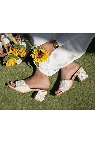 Beige Jute Hand Embroidered Slider heels by Schon Zapato