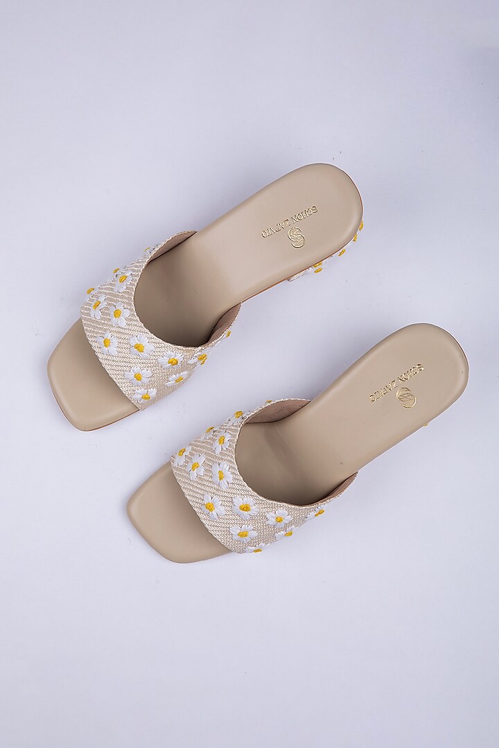 Beige Jute Hand Embroidered Slider heels by Schon Zapato at Pernia's Pop Up Shop