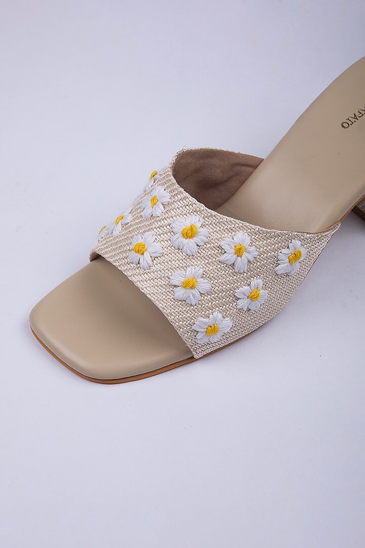 Beige Jute Hand Embroidered Slider heels by Schon Zapato at Pernia's Pop Up Shop