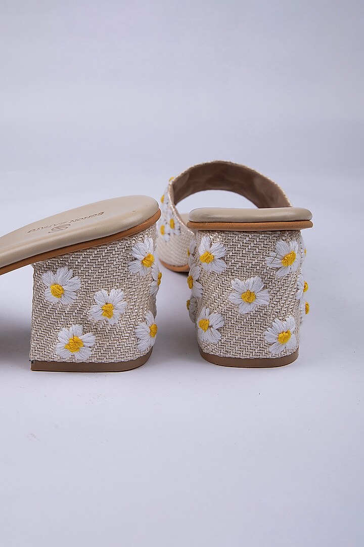 Beige Jute Hand Embroidered Slider heels by Schon Zapato at Pernia's Pop Up Shop